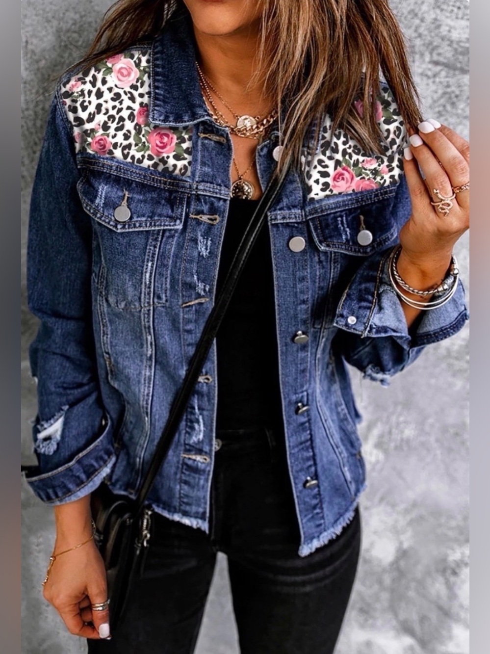 Leopard Floral Distressed Denim Jacket